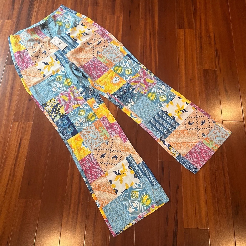 New NWT Cider Patchwork Pants Multicolor Lightweight Straight Leg Side Zip‎ Sz M